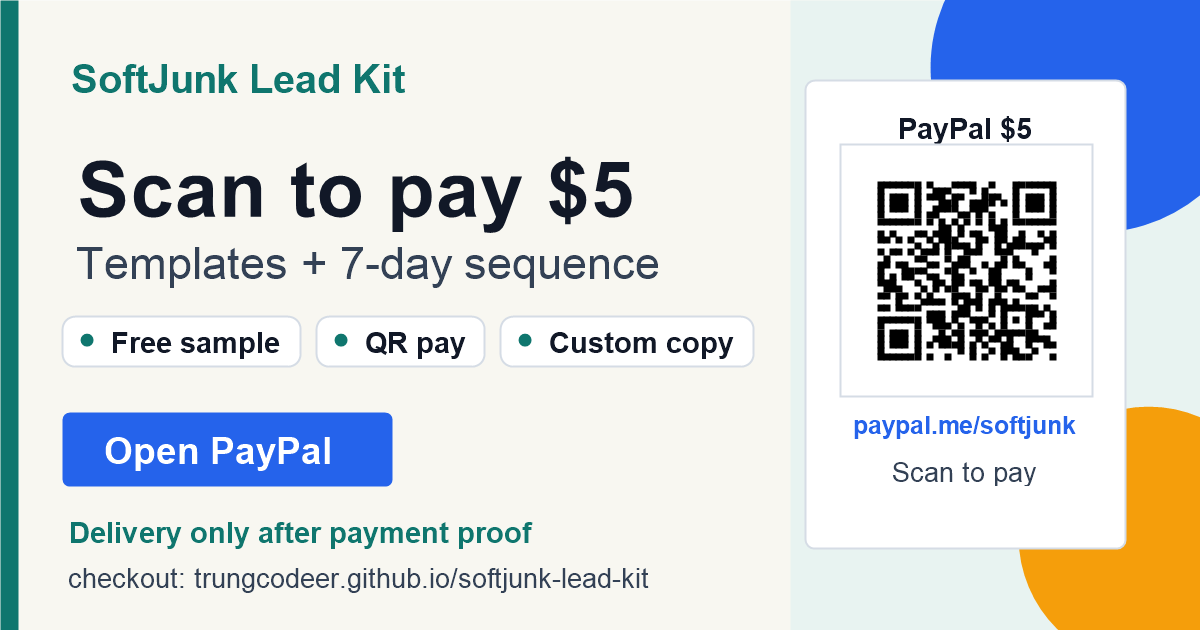 SoftJunk lead follow-up offer card with PayPal QR code